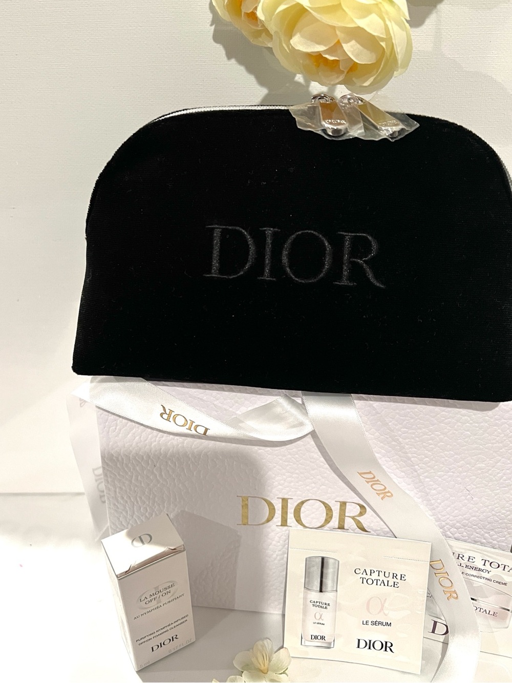 New 🤩 Dior Velvet Pouch with White dior Ribbon bag + skin care